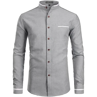Image of PARKLEES Mens Hipster Design Grandad Collar Oxford Shirt Slim Fit Long Sleeve Casual Button Down Dress Shirts with Pocket Grey XL