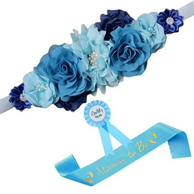 Image of Nishine Blue Maternity Flower Sash Belt Pregnancy for Mom to be Baby Shower Girls Bridesmaid Belt, Blue, L
