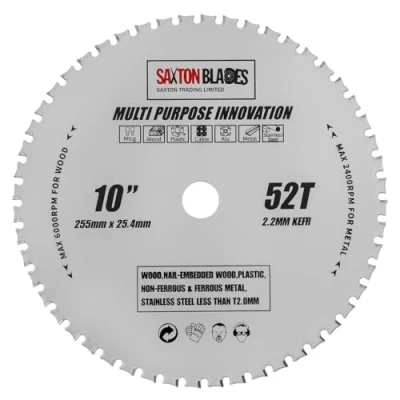 Image of TCT25552TMPT254B Saxton TCT Multi Purpose Innovation Circular Saw Blade 255mm X 52T 25.4mm Bore Wood and Metal fits Evolution