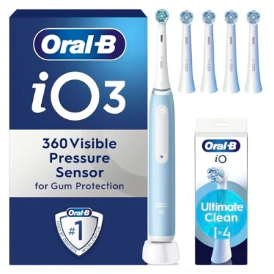 Image of Oral B iO3 Electric Toothbrushes Adults, Mothers Day Gifts For Her / Him, 4 Toothbrush Heads, 3 Modes With Teeth Whitening, 2 Pin UK Plug, Blue