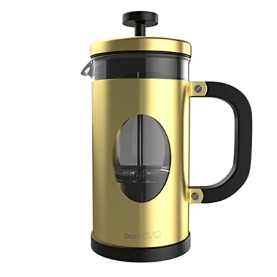 Image of bonVIVO Cafetiere GAZETARO I 350ml, 3 Cup, Stainless Steel French Press Coffee Maker w/Bonus Scoop and Replacement Filter Mesh Heat Resistant Gifts for Women Men Gold Finish