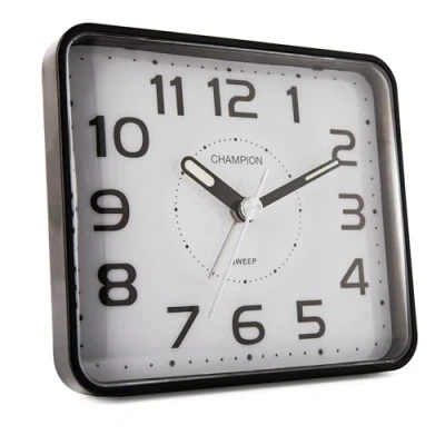 Image of Classic Bold Traditional White Square Quartz Sweeping Non Ticking Alarm Clock with Flashing Back Light and Bleep Alarm.