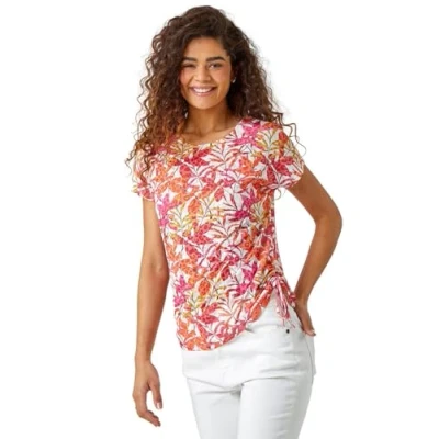 Image of Roman Originals Leaf Print Side Tie Stretch Top for Women UK Ladies Everyday Holiday Spring Summer Round Neckline Comfy Soft Evening Vacation Work Party Pink Size 20