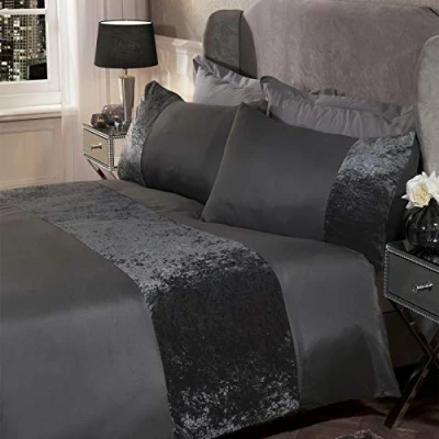 Image of Sienna Crushed Velvet Panel Band Duvet Cover with Pillow Case Bedding Set Charcoal Grey, Double