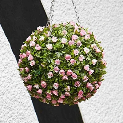 Image of Garden Mile artificial Topiary Balls, 30cm Faux Boxwood balls Pink Flowers, Durable UV Weather resistant Decorative flower outdoor hanging for garden, Patio(Pink Rose)