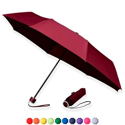 Image of MiniMax Compact Folding Travel Umbrella, Lightweight Colour Coordinated Handle, Sleeve and Strap, Mini, Small, Handbag, Pocket Umbrella (Maroon)