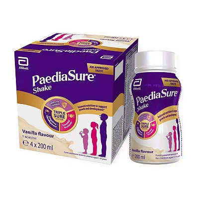 Image of PaediaSure Shake Ready To Drink Bottles, 4 x 200ml, Vanilla Flavour, Supplement for Kids with 26 Vitamins &amp; Minerals, Vitamin D, Iron Protein, Supports Kids’ Healthy Growth Immunity