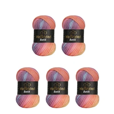 Image of 5 x 100 g Wollbiene Batik, 500 Wool with Colour Gradient, Multicoloured Knitting Wool, Crochet (2020 Yellow, Orange, Berry)