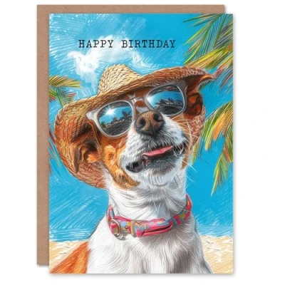 Image of Artery8 Personalised Birthday Card Jack Russell Dog Lover Tropical Vacation Portrait For Him Man Male Dad Brother Son Papa Grandad Greeting