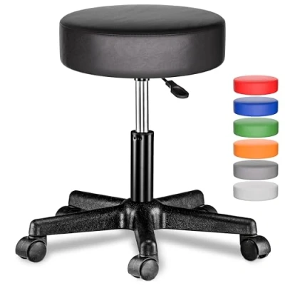 Image of CASARIA® 35cm Black Rolling Stool with Wheels Height Adjustable 360 Rotatable Padded Swivel Roll Chair Double Castors Comfortable Upholstered Seating Office Workshop Salon