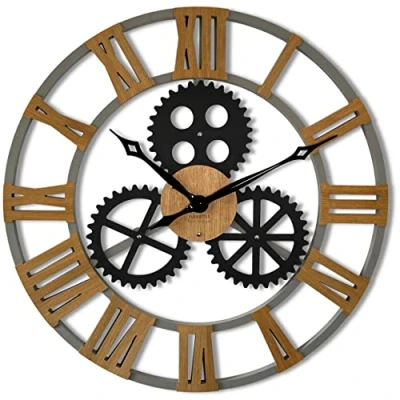 Image of FLEXISTYLE Large wall clock vintage 80cm XL wooden oak oversized roman digits for living room office bedroom silent non ticking