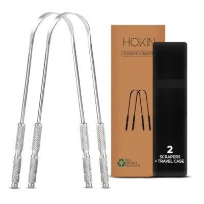 Image of Tongue Scraper for Adults by HOKIN (2Pcs Oral Care Pack) Stainless Steel Cleaners Reduce Bad Breath 100% Metal Tough Scrapers Men and Women Hygiene Product