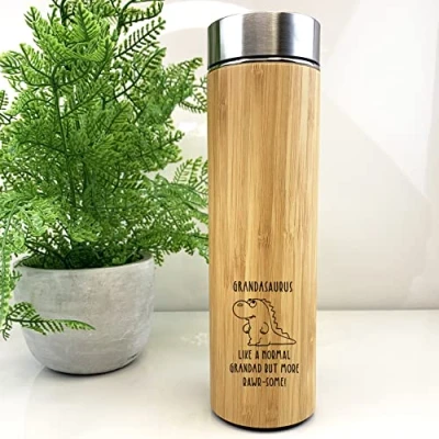 Image of eBuyGB Grandasaurus Wood Travel Flask, Dinosaur Mug, 500ml Coffee Tea Cup, Grandad Birthday Gift, Present for Grandfather