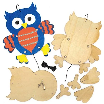 Image of Baker Ross AX159 Owl Wooden Puppet Kits For Kids Pack of 4, Childrens Woodcraft Painting Sets Arts and Crafts Projects