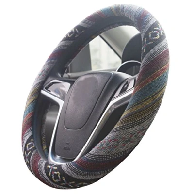 Image of Istn 2018 Ethnic Style Coarse Flax Cloth Automotive Steering Wheel Cover Anti Slip and Sweat Absorption Auto Car Wrap (E, 15&#039;&#039;(fit for mostly cars))