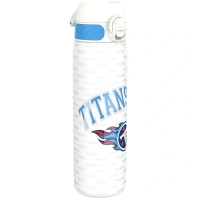 Image of ION8 Steel Water Bottle, 600 ml/20 oz, Leak Proof, Easy to Open, Secure Lock, Dishwasher Safe, Flip Cover, Fits Cup Holders, Carry Handle, Durable, Metal Raised Print, NFL Titans Design