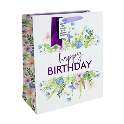 Image of Eurowrap Floral White Kraft Happy Birthday Gift Bag With Tag, Design By Jeff Banks 100% Recyclable Large