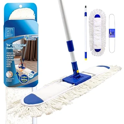 Image of 60cm Large Flat Mop Floor Duster, Industrial Kit with Absorbent Cotton Pad and 77cm 133cm Telescopic Handle, Swivel Head Dust Sweeper for Warehouse, Hotel Home Cleaning