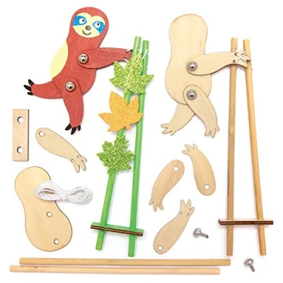 Image of Baker Ross AX577 Sloth Wooden Acrobat Kits Pack of 3, Make Your Own Puppets for Kids Arts and Wood Crafts Projects
