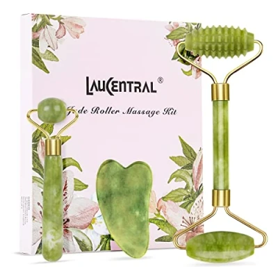 Image of 【3 PCS】Jade Roller &amp; Gua Sha Massage Kits, LauCentral Natural Anti Aging Face for Eye Puffiness Treatment, Skin Tightening, Rejuvenate Neck, Green Massager