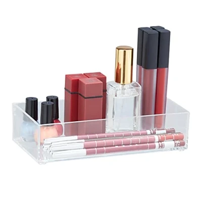 Image of Relaxdays Plastic Organiser Box, Open, Acrylic, Makeup, Office, Storage, Compartments, HxWxD: 5x19x9.5 cm, Transparent, 5 x 19 9.5 cm