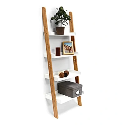 Image of Relaxdays Bamboo Bookcase: 144 x 56 34 cm Ladder Shelf Unit with 4 Shelves Made of Wood Living Room Office Furniture Bookshelf, White