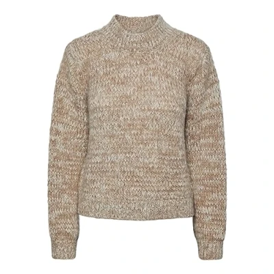Image of PIECES Women&#039;s Pcnomana LS O Neck Knit Bc Sweater, Fossil/Pattern: White Pepper + Cloud Dancer, M