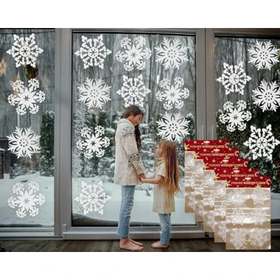 Image of 30PCs Christmas Snowflakes Window Stickers, Flocked Decals for Xmas Clings Decorations Winter Party Ornaments (5 Sheets 40cm White Clings)