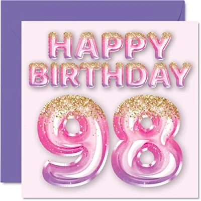 Image of 98th Birthday Card for Women Pink &amp; Purple Glitter Balloons Happy Cards 98 Year Old Woman Mum Great Nanny Grandma Gran, 145mm x Ninety Eight Eighth Greeting Gift