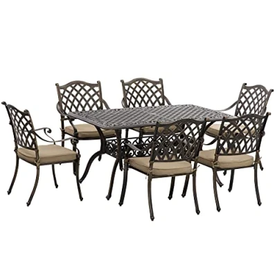 Image of Outsunny 7 PCs Garden Patio Dining Set with Parasol Hole, Cast Aluminium Outdoor Furniture Six Cushioned Chairs and Rectangle Table, for Garden, Lawn, Deck, Bronze Tone