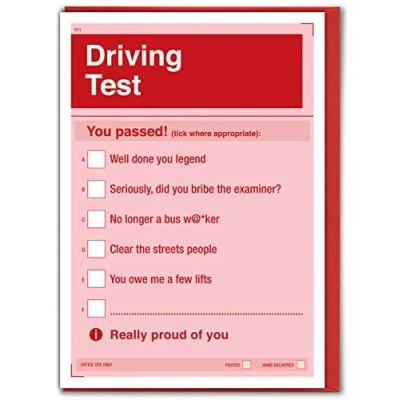 Image of Brainbox Candy Funny Driving Test Congratulations Card &#039;You Passed!...&#039; Tick Box Cheeky Joke Humour Cards Novelty For Him Her Son Daughter Friends Mates