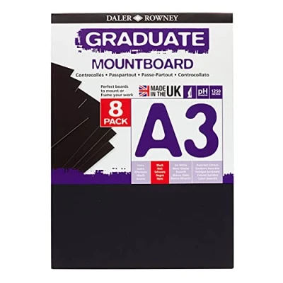 Image of Daler Rowney Graduate Cream Core A3 Mountboard Pack, 8 x Black Smooth Surface, 1.25mm Thick, Ideal for Student Artists &amp; Hobbyists