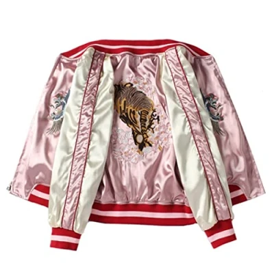 Image of Satin Sukajan Tiger Embroidered Women Bomber Baseball Jacket Japan Harajuku Female Coat,Pink,L