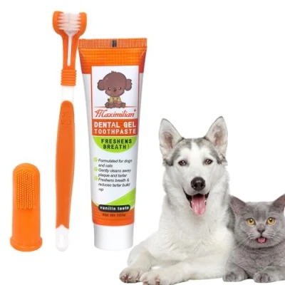Image of Dog Toothpaste and Brush 3PCS Soft Bristle Dental Care Kit Puppy Dogs &amp; CatsThree Sided Toothbrush Teeth Finger with Paste Plaque Tartar Remover Breath Freshener