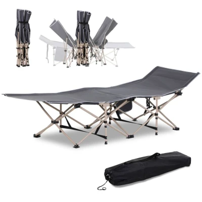 Image of Outsunny Single Person Camping Bed Folding Cot Outdoor Patio Portable Military Sleeping Travel Guest Leisure Fishing with Side Pocket and Carry Bag Grey