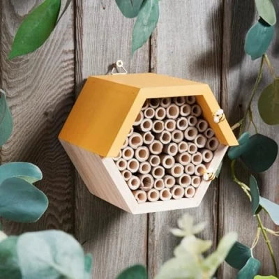 Image of Hexagon Wooden Insects Hotel Wildlife Bee and Bug Insect House Weather Resistant Hanging Home Eco Friendly for Bees Butterflies in Garden