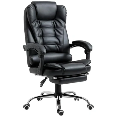 Image of HOMCOM Executive Office Chair, PU Leather Home Chair with Swivel Wheels, Reclining Backrest, Retractable Footrest, Black