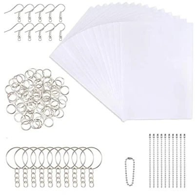 Image of MYRSPTZ0001 150 Pieces Heat Shrink Plastic Sheet Kit Include 20 PCS Shrinky Art Paper and 130 Keychains Accessories for Kids Creative Craft