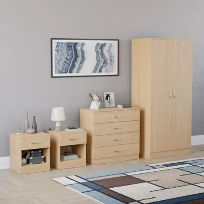 Image of Vida Designs Riano 4 Piece Bedroom furniture Set, 2 x 1 Drawer Bedside cabinets, Chest of &amp; Door Wardrobe (Pine)