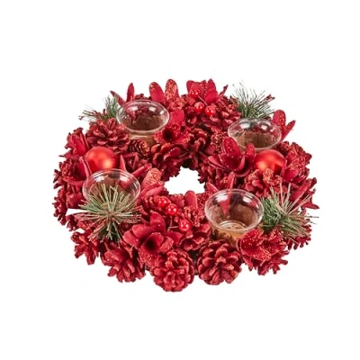 Image of Smart Garden Ruby Pine Ring Quartet Candle Holder Red Pinecones and Berries 33cm Christmas Table Décor Festive Xmas Decoration