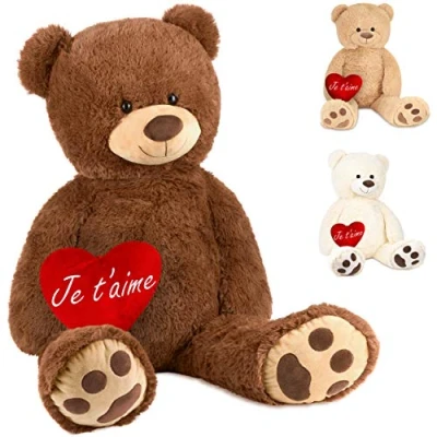 Image of BRUBAKER XXL Teddy Bear 40 Inches (100 Cm) Brown With a Je T&#039;aime Heart Soft Toy Cuddly