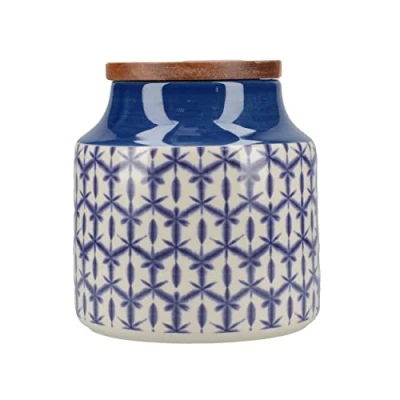 Image of Mikasa Drift Ceramic Storage Canister for Tea, Coffee or Sugar, Hand Decorated Blue Batik Design, Wooden Lid, 12.5cmx12cm, 900ml