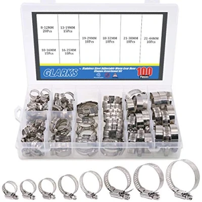 Image of Glarks 100Pcs Adjustable 8 44mm Range 304 Stainless Steel Worm Gear Hose Clamps Assortment Kit, Fuel Line Clamp for Water Pipe, Plumbing, Automotive and Mechanical Application (Hose Kit)