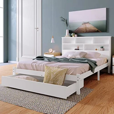 Image of Merax Double Bed With Storage, 4FT6 Wooden Storage Under Drawer and Shelves, White Frame for Adults, Kids, Teenagers, 135 x 190cm