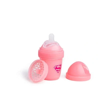 Image of Herobility DC Supergirl Double Anti Colic Baby Bottle Award Winning Hero Bottles Soft Breast Like Teat, Easy Mixing Lid &amp; Net Safe Environment Friendly Materials 140ml/5 fl oz