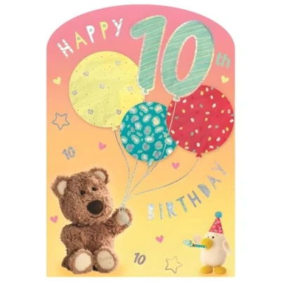 Image of Girls 10th Birthday Card Age 10 Barley Bear Teddy and Balloons Design Special Finishes Made in the UK Eco Friendly