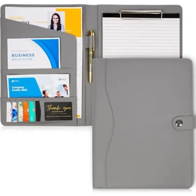 Image of AMKSONS Portfolio Folder A4 in Grey with Clip Board and Notepad Premium PU Leather clipboard Document Compartments, Pen Holder, Flip Cover Magnetic Closure