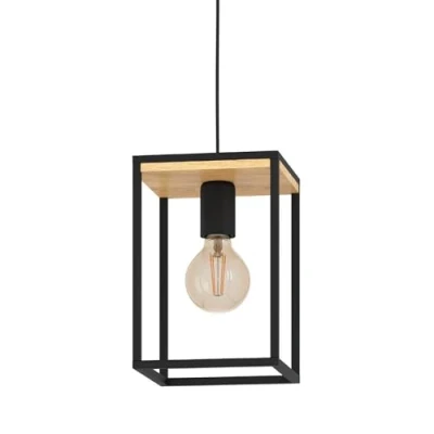 Image of EGLO Pendant lighting Libertad, ceiling light fitting made of black metal and natural wood, hanging lamp for dining living room, E27 socket