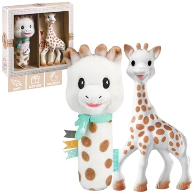 Image of Sophie la girafe Sophiesticated Original Teether with Soft Rattle Pouet Gift Set, 100% Natural Rubber Baby Teething Toy, Box Set Bag and Card