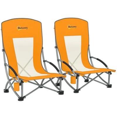 Image of Outsunny Set of 2 Folding Beach Chair, Low Camping Chair with Mesh Back, Carry Bag and Cup Holder for Garden Outdoor Picnic Festival Travel, Orange